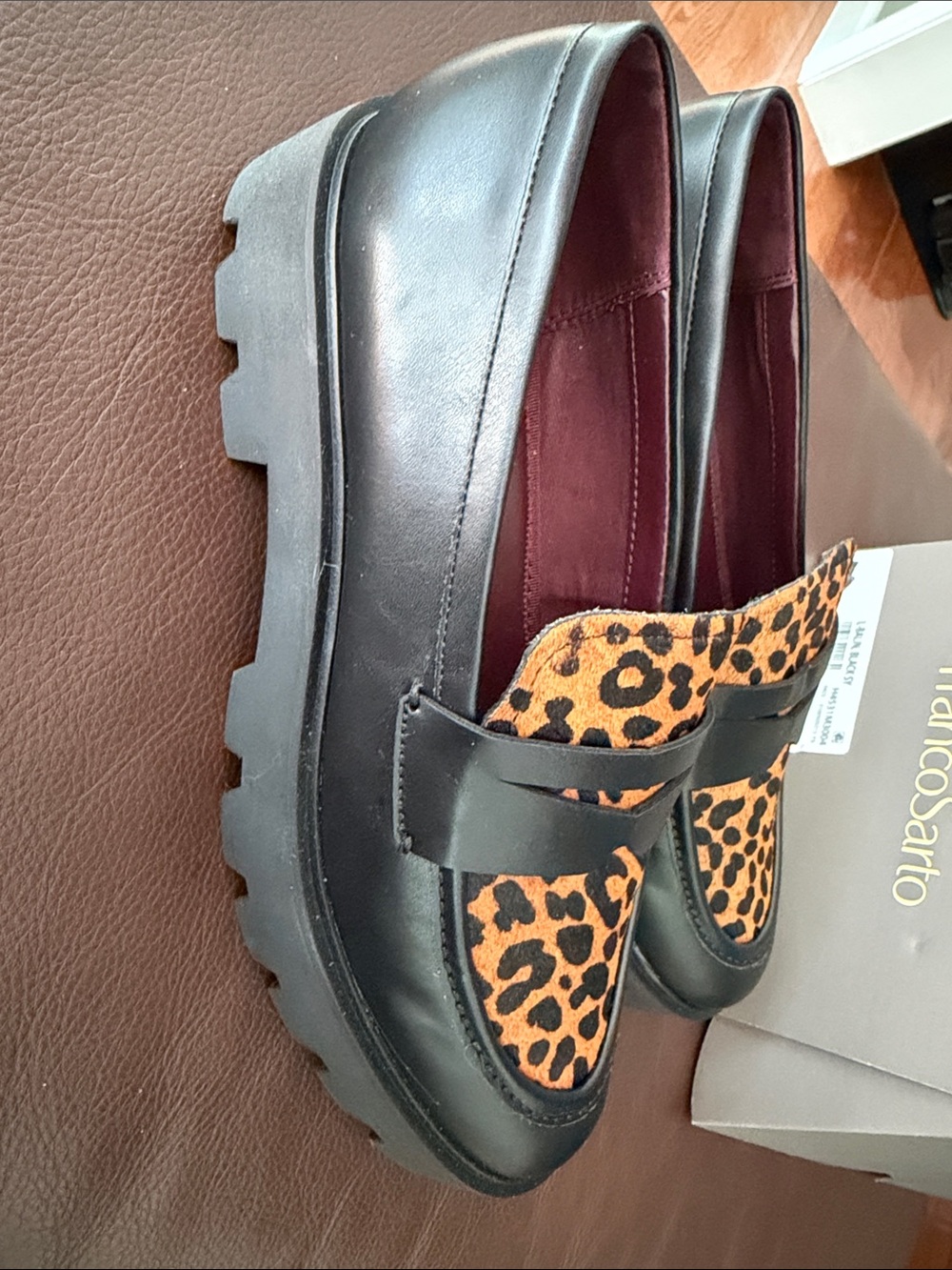 NEW Franco Sarto Balin Black Leather Lug soled Loafer w/Leopard Print size 9 - Picture 6 of 8
